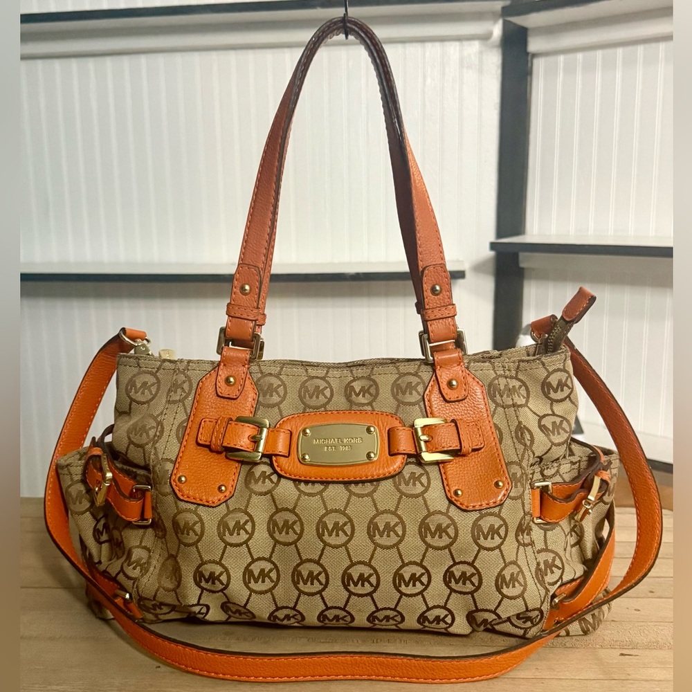 Michael Kors Monogram Gansevoort Beige Tangerine Canvas Leather Satchel Bag - Picture 2 of 16